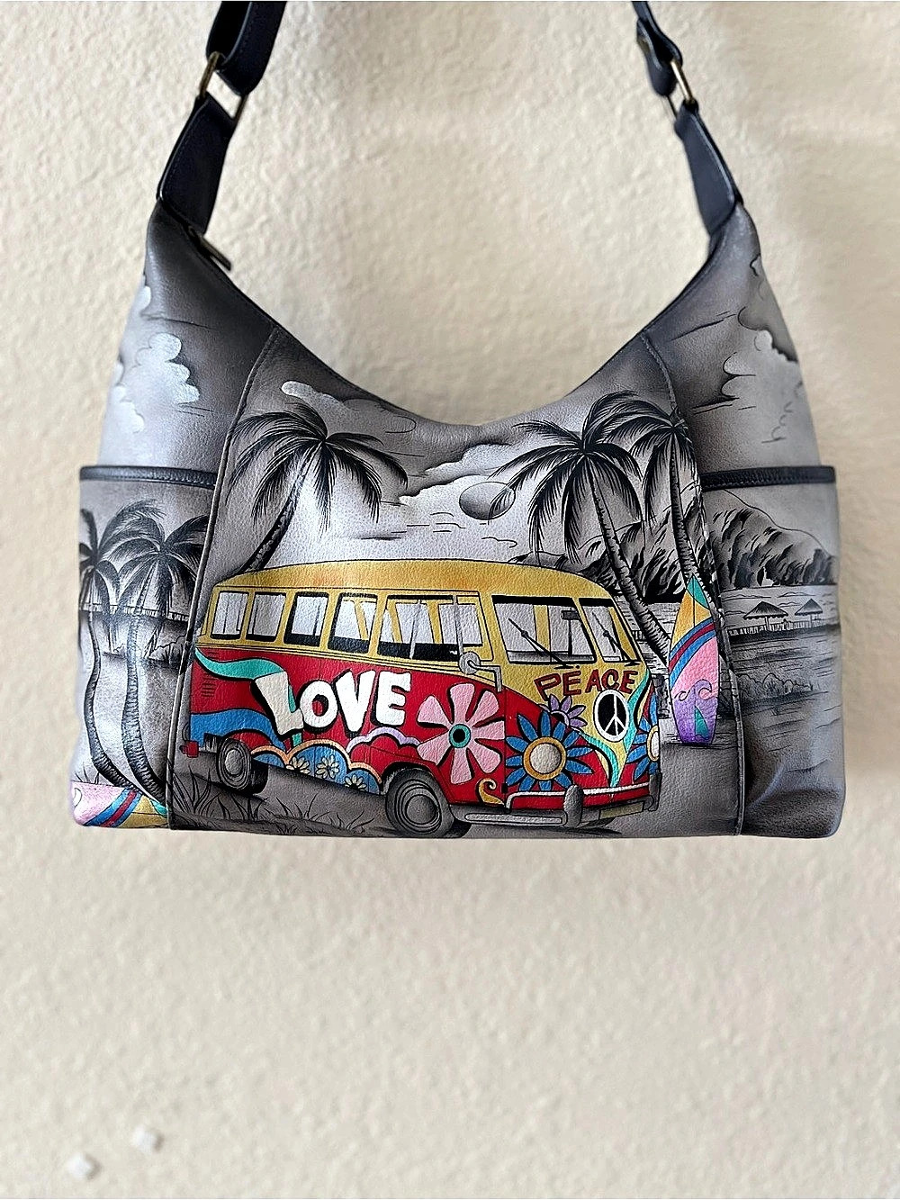 Anuschka Hand Painted Leather Medium Hobo Gray & Multicolor